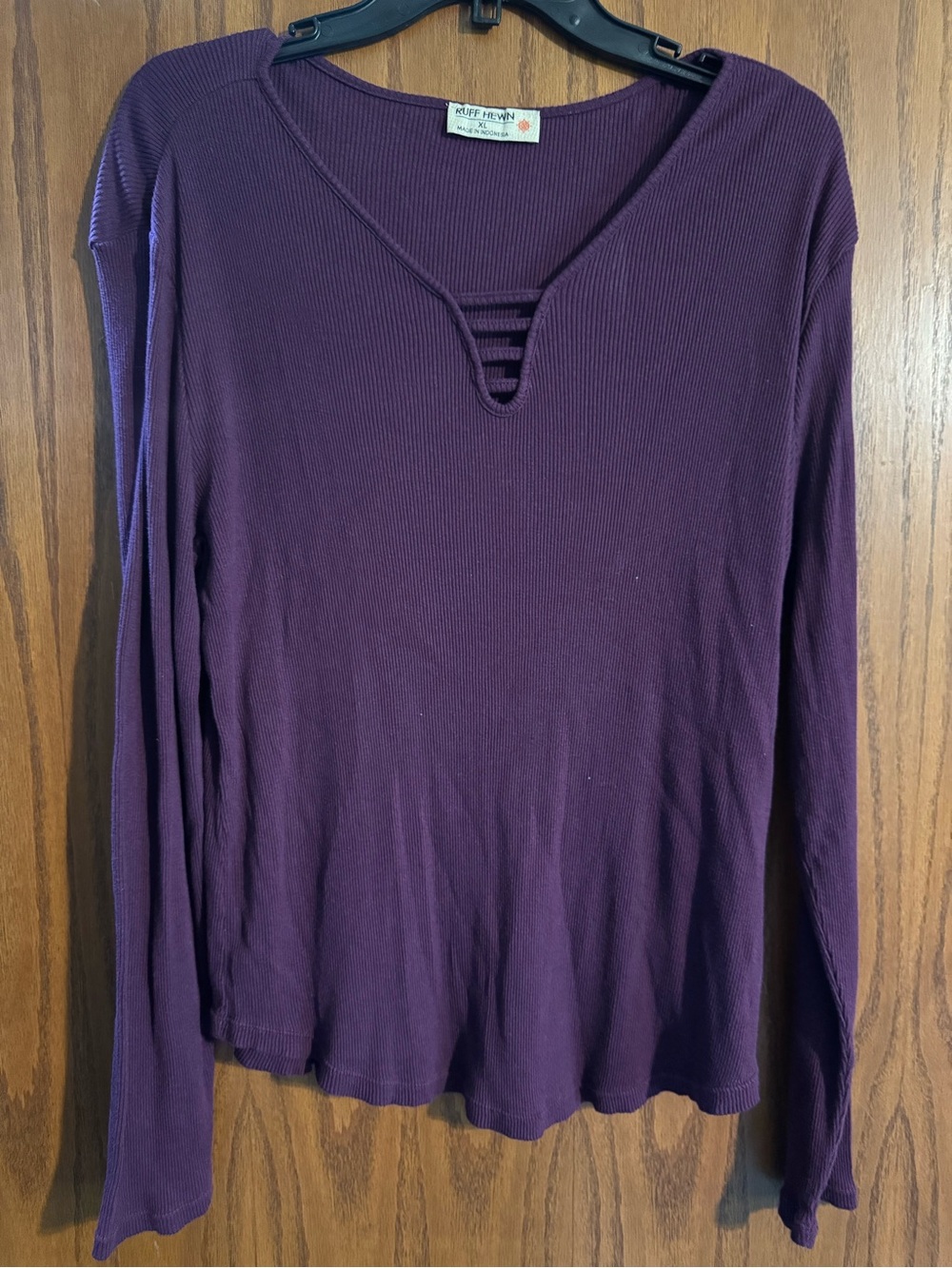 Ruff Hewn Deep Plum Ribbed Long Sleeve Top with Ladder V-Notch
